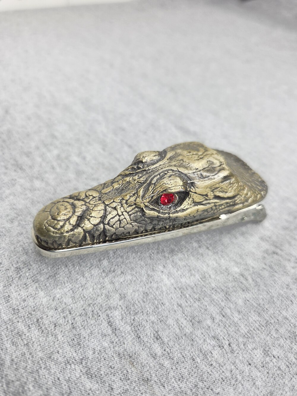 Vintage Alligator Head Belt Buckle 3D Figural Red Eyes Gold Tone Large